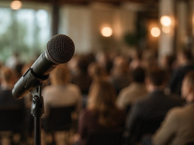 A microphone on a stand before a seated audience